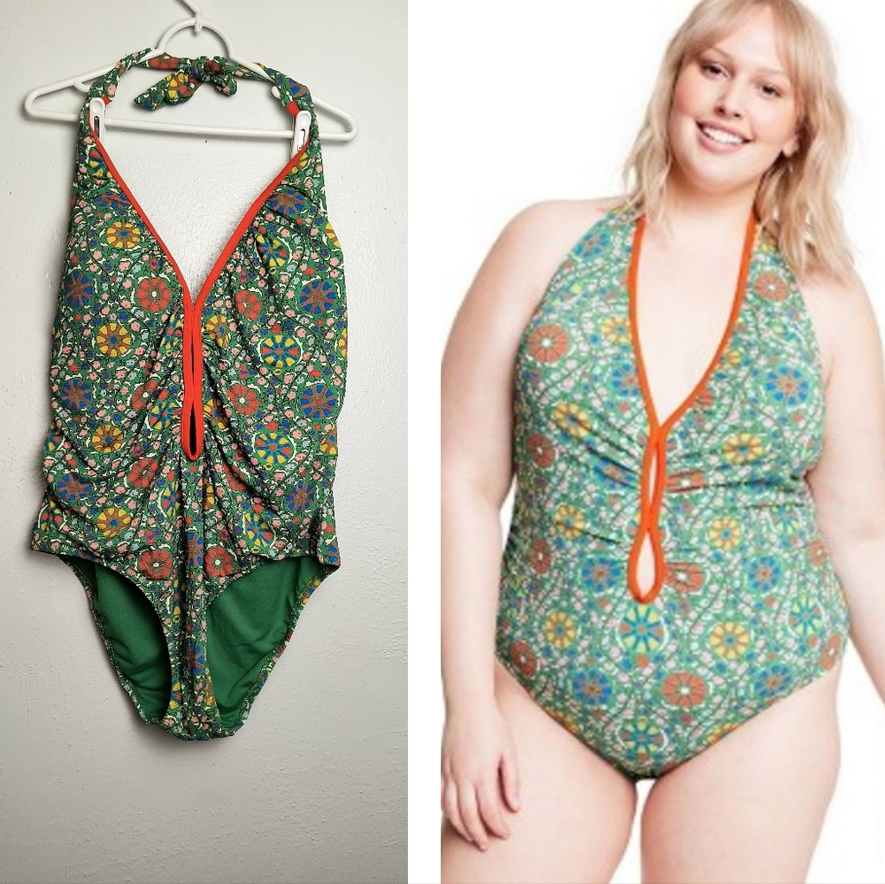 Rhode Size Av: 1X, 2X,🎯 One Piece Swimsuit Halter High Leg Chesky Zennia Floral